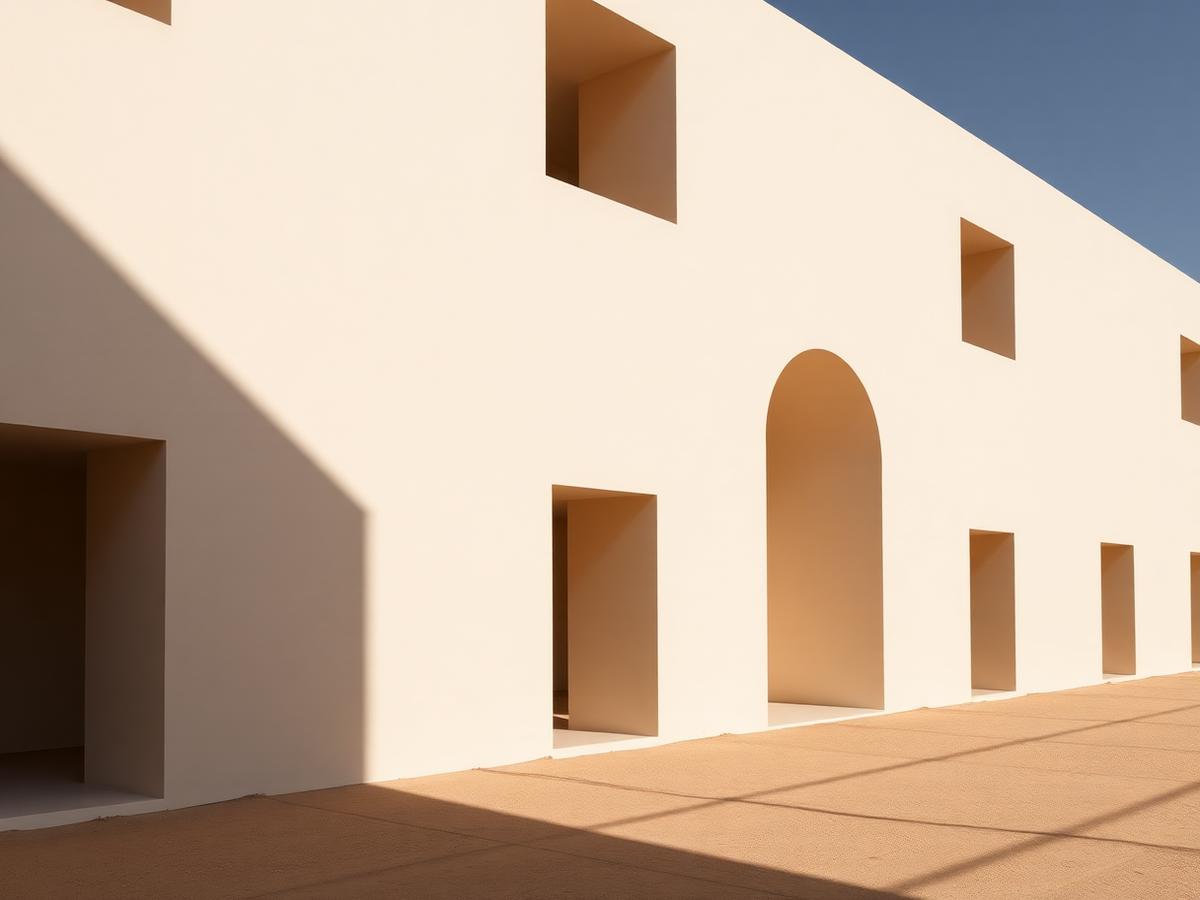 Pale contemporary facade in Abu Dhabi under strong afternoon shadow